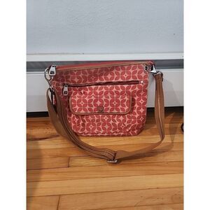 FOSSIL Crossbody Messenger Bag Floral Fabric Canvas Red Brown Hobo Bag
